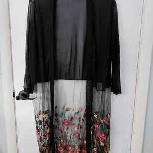 Floral Embroidered Black Sheer Kimono